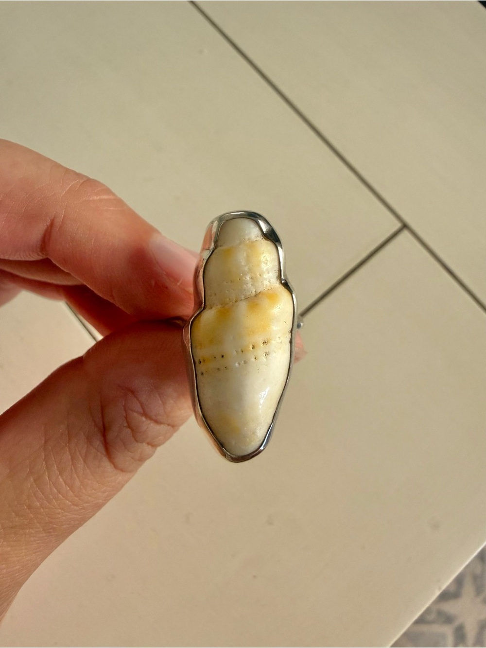 Handmade silver yellow Hawaiian miter shell ring